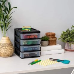 7.25 Qt. Compact Desktop 4-Drawer System in Black, Storage Tote by IRIS -Kate and Laurel Shop black iris storage bins 586015 c3 1000