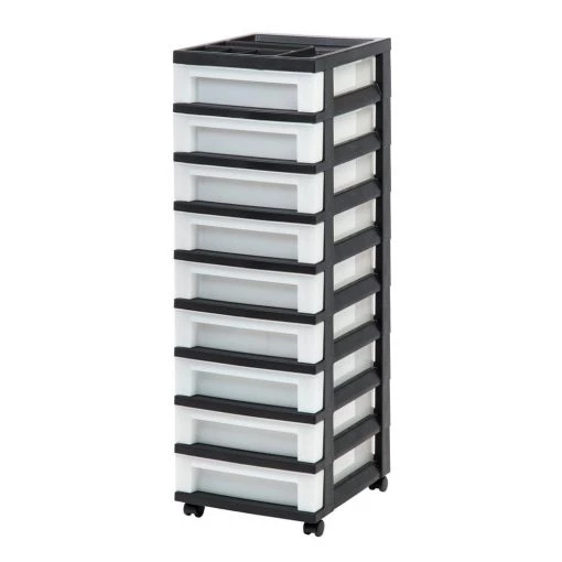 14.25 in. L x 12.05 in. W x 37.75 in. H 9-Drawer Storage Cart with Organizer Top in Black and Pearl by IRIS 4 14.25 in. L x 12.05 in. W x 37.75 in. H 9-Drawer Storage Cart with Organizer Top in Black and Pearl by IRIS -Kate and Laurel Shop black iris storage drawers 585005 64 1000