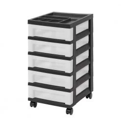 14.25 in. L x 12.05 in. W x 22.25 in. H 5-Drawer Storage Cart with Organizer Top in Black and Pearl by IRIS