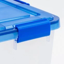 15 Gal. Lockable Plastic Storage Tote in Clear with Sturdy Blue Lid and Buckles (4-Pack) by IRIS -Kate and Laurel Shop clear blue iris storage bins 500135 1f 1000