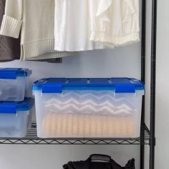 15 Gal. Lockable Plastic Storage Tote in Clear with Sturdy Blue Lid and Buckles (4-Pack) by IRIS -Kate and Laurel Shop clear blue iris storage bins 500135 4f 1000