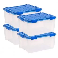 15 Gal. Lockable Plastic Storage Tote in Clear with Sturdy Blue Lid and Buckles (4-Pack) by IRIS