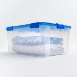 15 Gal. Lockable Plastic Storage Tote in Clear with Sturdy Blue Lid and Buckles (4-Pack) by IRIS -Kate and Laurel Shop clear blue iris storage bins 500135 76 1000