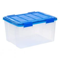 11 Gal. Lockable Plastic Storage Box in Clear with Sturdy Blue Lid and Buckles (4-Pack) by IRIS