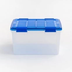 11 Gal. Lockable Plastic Storage Box in Clear with Sturdy Blue Lid and Buckles (4-Pack) by IRIS -Kate and Laurel Shop clear iris storage bins 500132 76 1000