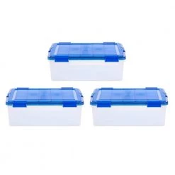 10 Gal. WeatherPro Clear Plastic Storage Box with Blue Lid (3-Pack) by IRIS