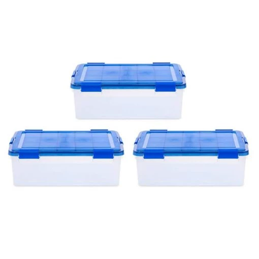 10 Gal. WeatherPro Clear Plastic Storage Box with Blue Lid (3-Pack) by IRIS 7 10 Gal. WeatherPro Clear Plastic Storage Box with Blue Lid (3-Pack) by IRIS -Kate and Laurel Shop clear iris storage bins 500140 64 1000
