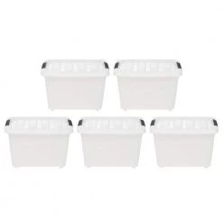 17 Qt. Stack and Pull Nesting Storage Tote, with Black Latching Clips, in White, (5 Pack) by IRIS