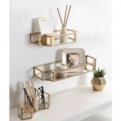 Ciel 6 in. x 18 in. x 3 in. Gold Metal Floating Decorative Wall Shelf Without Brackets by Kate and Laurel -Kate and Laurel Shop gold kate and laurel decorative shelving 218870 76 1000