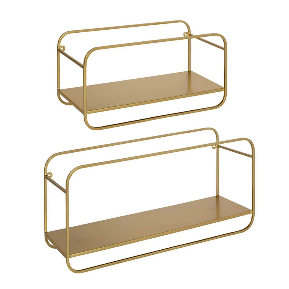 Emerline 6.5 in. x 21 in. x 10 in. Gold Metal Floating Decorative Wall Shelf Without Cubbies With Brackets by Kate and Laurel 3 Emerline 6.5 in. x 21 in. x 10 in. Gold Metal Floating Decorative Wall Shelf Without Cubbies With Brackets by Kate and Laurel