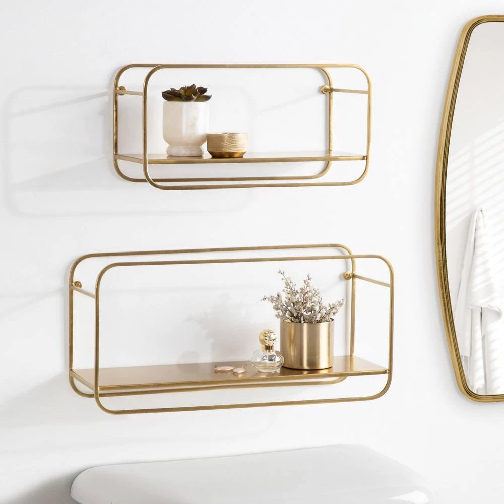 Emerline 6.5 in. x 21 in. x 10 in. Gold Metal Floating Decorative Wall Shelf Without Cubbies With Brackets by Kate and Laurel 8 Emerline 6.5 in. x 21 in. x 10 in. Gold Metal Floating Decorative Wall Shelf Without Cubbies With Brackets by Kate and Laurel - Image 6