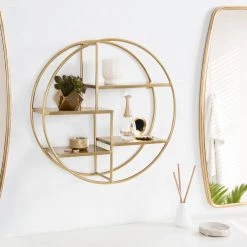 Saphira 6.13 in. x 20 in. x 20 in. Gold Metal Floating Decorative Wall Shelf Without Cubbies With Brackets by Kate and Laurel -Kate and Laurel Shop gold kate and laurel decorative shelving 219295 31 1000