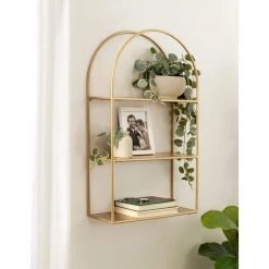 Monroe 6.00 in. D 18.00 in. W 30.75 in. H Gold Metal Floating Decorative Wall Shelf by Kate and Laurel -Kate and Laurel Shop gold kate and laurel decorative shelving 222361 31 1000