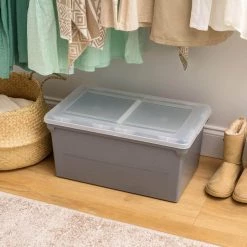 44 qts. Wing-Lid Latter Size File Organizer Box in Gray with Clear Lid by IRIS -Kate and Laurel Shop gray clear iris storage bins 500228 1f 1000