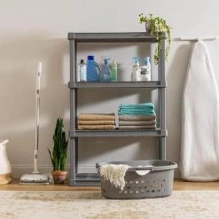 Elephant Gray Plastic Rack Shelf with 4 Large Shelves by IRIS 10 Elephant Gray Plastic Rack Shelf with 4 Large Shelves by IRIS -Kate and Laurel Shop gray iris freestanding shelving units 510020 4f 1000