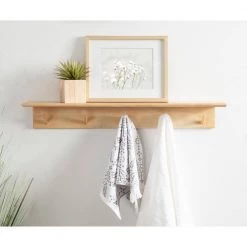 Alta 5.00 in. D 35.75 in. W 5.00 in. H Natural Wood Floating Decorative Wall Shelf with Hooks by Kate and Laurel -Kate and Laurel Shop natural kate and laurel decorative shelving 222287 31 1000
