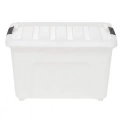 38 Qt. Stack and Pull Nesting Storage Tote, with Black Latching Clips, in White by IRIS