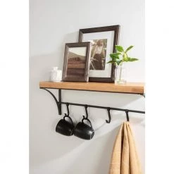 Ozias 9 in. x 23.75 in. x 9 in. x Rustic Brown Wood Floating Decorative Wall Shelf with Hooks by Kate and Laurel -Kate and Laurel Shop rustic brown black kate and laurel decorative shelving 220837 76 1000