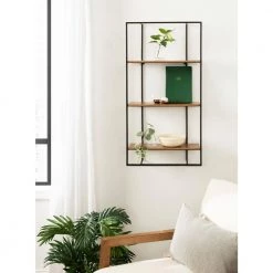 Kercheval 6.25 in. D 15.75 in. W 31.50 in. H Rustic Brown Metal Floating Decorative Wall Shelf by Kate and Laurel -Kate and Laurel Shop rustic brown black kate and laurel decorative shelving 222356 31 1000