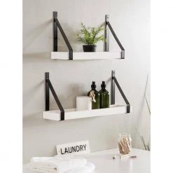 Sudbury 23.75 in. D 5.00 in. W 10.25 in. H White Wood Floating Decorative Wall Shelf with Hooks by Kate and Laurel -Kate and Laurel Shop white black kate and laurel decorative shelving 221643 31 1000
