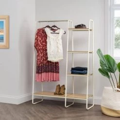 White and Light Brown Metal Clothes Rack with Wood Shelves 15.75 in. W x 59.49 in. H by IRIS -Kate and Laurel Shop white iris clothes racks 596265 31 1000