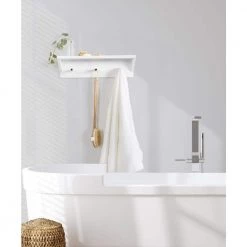 Adlynn 5 in. x 18 in. x 5 in. White MDF Floating Decorative Wall Shelf with Hooks by Kate and Laurel -Kate and Laurel Shop white kate and laurel decorative shelving 219655 76 1000